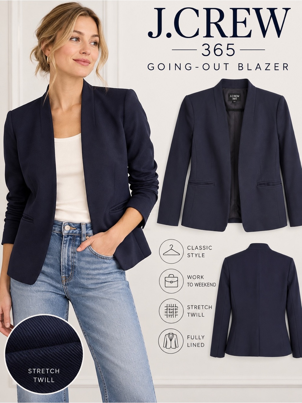 J. Crew 365 Going-Out Blazer Size 12 Navy Blue Stretch Twill Open Front